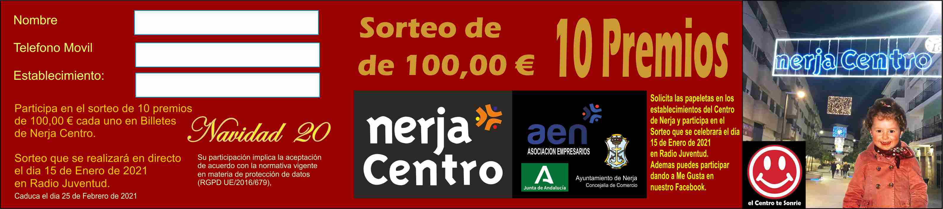 SORTEO DE 1O PREMIOS DE 100,00 € – NERJA CENTRO NAVIDAD 2020